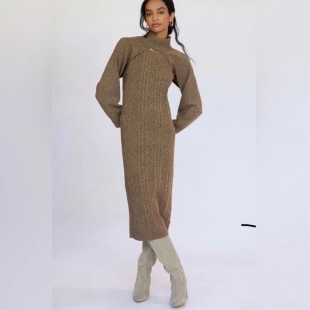 Anthropologie Current Air Cedar Cable-Knit Midi Sweater Dress Shrug Sweater Set
